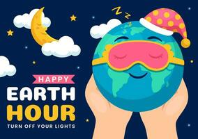 Happy Earth Hour Day Vector Illustration with Cloud, Light bulb, World Map and Time to Turn Off in Flat Cartoon Background Design