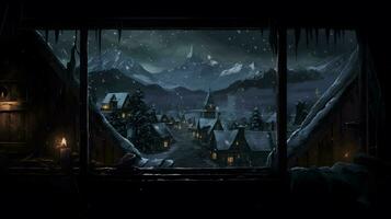 ai generiert das Atmosphäre von Schnee fallen beim Nacht im ein kalt Bereich Dorf. Aussicht von Innerhalb das Zimmer von das Haus gegenüber aus. Illustration Stil. nahtlos Schleifen 4k Zeitraffer Video Animation