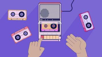 Inserting cassette tape into player lo fi animated cartoon background. Listening music 90s retro lofi aesthetic live wallpaper animation. Vintage boombox color chill scene 4K video motion graphic