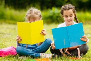 dos bonito colegialas sentar con libros al aire libre en el parque. colegialas o estudiantes son enseñado lecciones en naturaleza. foto