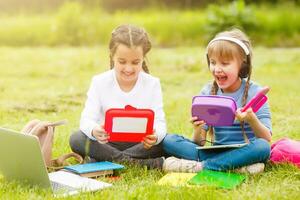 kids on the picnic in school grass yard are coming eat lunch in box. parent take care of childcare. photo