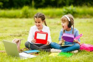 kids on the picnic in school grass yard are coming eat lunch in box. parent take care of childcare. photo