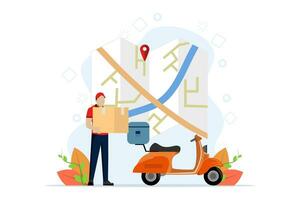 Concept of fast delivery with scooter on mobile phone, Order parcels in E-commerce with app, Courier tracking with map app, Flat Vector illustration on white background.