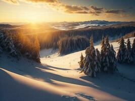 AI generated beautiful winter landscape with sunset in the snowy mountains, trees covered with snow photo