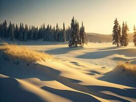 AI generated beautiful winter landscape with sunset in the snowy mountains, trees covered with snow photo