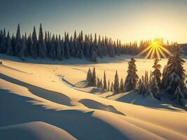 AI generated beautiful winter landscape with sunset in the snowy mountains, trees covered with snow photo