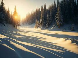 AI generated beautiful winter landscape with sunset in the snowy mountains, trees covered with snow photo