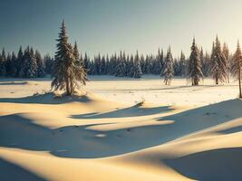 AI generated beautiful winter landscape with sunset in the snowy mountains, trees covered with snow photo