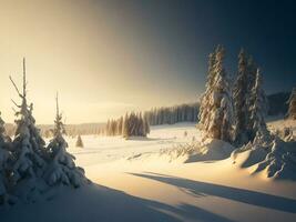 AI generated beautiful winter landscape with sunset in the snowy mountains, trees covered with snow photo