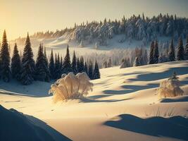 AI generated beautiful winter landscape with sunset in the snowy mountains, trees covered with snow photo