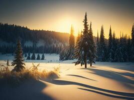 AI generated beautiful winter landscape with sunset in the snowy mountains, trees covered with snow photo