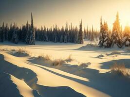 AI generated beautiful winter landscape with sunset in the snowy mountains, trees covered with snow photo