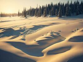 AI generated beautiful winter landscape with sunset in the snowy mountains, trees covered with snow photo