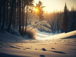 AI generated beautiful winter landscape with sunset in the snowy mountains, trees covered with snow photo