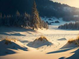 ai generado hermosa invierno paisaje con puesta de sol en el Nevado montañas, arboles cubierto con nieve foto