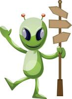 Alien with roadsign, illustration, vector on white background.