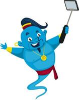 Genie taking selfie, illustration, vector on white background.