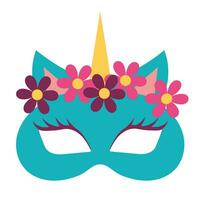Carnival mask in the form of a unicorn with flowers. Festive element for holiday. Flat cartoon vector illustration isolated on a white background.