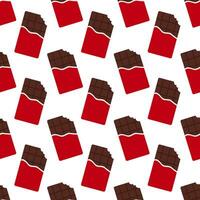Seamless pattern with red packaging chocolate bars. Bitten chocolate bar. Cartoon style. Vector flat background.