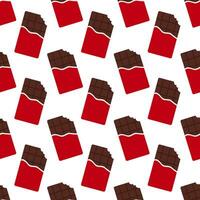 Seamless pattern with red packaging chocolate bars. Bitten chocolate bar. Cartoon style. Vector flat background.