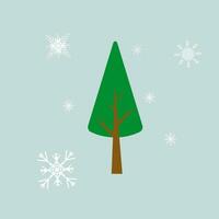 Green Chistmas tree and snow flakes on light blue background, used for spring concept, vector design