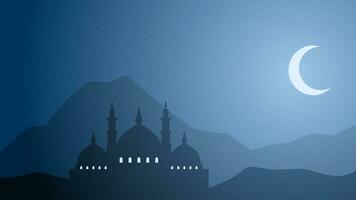 Mosque landscape silhouette in the night vector illustration. Ramadan scenery design graphic in muslim culture and islam religion. Mosque panorama illustration, background or wallpaper