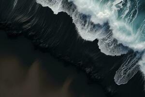 ai generado aéreo ver de Oceano olas rotura en negro arena playa en Islandia, aéreo ver de olas en el negro arena playa, ai generado foto