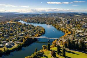 AI generated Aerial view of Danube river and cityscape in autumn, Austria, Aerial drone panoramic view looking at Victoria Bridge over the Waikato River as it traverses the city of Hamilton photo