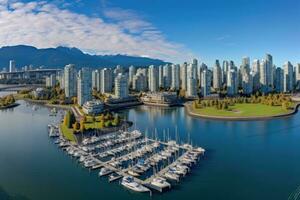 AI generated Aerial view of a marina in Vancouver, British Columbia, Canada, Aerial Panorama of Downtown City at False Creek, Vancouver, British Columbia, Canada, AI Generated photo