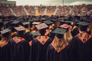 AI generated Graduates celebrate the graduation in Milan, Backside of graduation hats during the commencement success, AI Generated photo