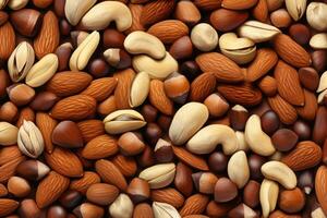 AI generated Nuts background. Close-up image of mixed nuts. Top view, Background illustration of various natural fresh nuts, AI Generated photo