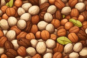 AI generated Seamless background with nuts. Vector illustration for your design, Background illustration of various natural fresh nuts, AI Generated photo