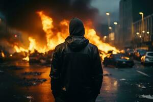 ai generado hombre en capucha en pie en el medio de el la carretera con ardiente edificios en el fondo, espalda ver de un agresivo hombre sin un cara en un capucha en contra el fondo, ai generado foto