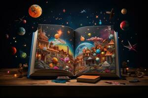 AI generated Open book with fantasy landscape and planet on wooden table. Back to school concept, Back to school concept, Open notebook with school supplies, AI Generated photo