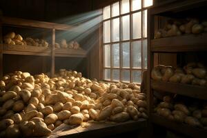 ai generado patatas en un de madera caja en el antecedentes de el ventana, artístico recreación de patatas cosechado en almacenamiento con ligero entrando mediante el ventanas, ai generado foto