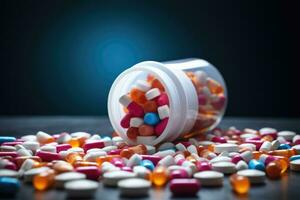 AI generated Colorful pills spilling out of pill bottle on wooden table. Focus on foreground, An open bottle of prescription opioids with many bottles of pills in the background, AI Generated photo