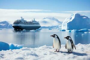 ai generado antártico pingüinos en nieve con crucero Embarcacion en el fondo, Antártida pingüinos y un crucero barco, ai generado foto