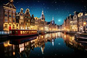 ai generado noche ver de Amsterdam canales con reflexiones en agua, Holanda, Países Bajos, Amsterdam ciudad iluminado edificio y canal a noche, Países Bajos, ai generado foto