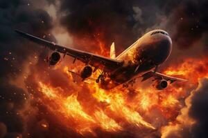 AI generated Airplane in the fire. 3D rendering. Elements of this image furnished by NASA, Airplane with the engine on fire, a concept of aerial disaster, AI Generated photo