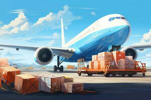 AI generated Airplane in the cargo terminal. 3d illustration. High resolution, Airplane cargo transportation by plane, unloading containers of boxes at the airport, AI Generated photo