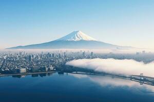 AI generated Mount Fuji and Kawaguchiko lake in Japan. 3d rendering, Aerial view of Tokyo cityscape with Mount Fuji in Japan, AI Generated photo