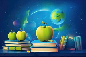 AI generated Back to school background with books, apple and globe. Vector illustration, Back to school education banner background, AI Generated photo