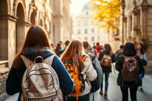 ai generado espalda ver de un grupo de joven personas con mochilas caminando en el calle, espalda ver de un grupo de estudiantes con mochilas caminando en el calle, un grupo de alto colegio niños, ai generado foto