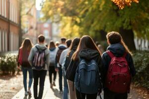 ai generado espalda ver de grupo de estudiantes con mochilas caminando en otoño parque, espalda ver de un grupo de estudiantes con mochilas caminando en el calle, un grupo de alto colegio niños, ai generado foto