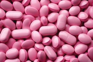 AI generated Pink pills background. Medical background. Top view. Copy space, A lot of pink medicine pills, AI Generated photo