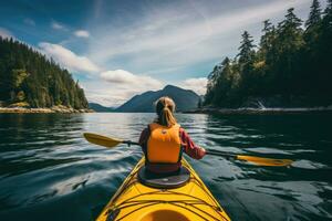 AI generated Young woman kayaking on a lake in the Rocky Mountains of Canada, A person's rear view enjoying an eco-friendly activity of kayaking, AI Generated photo