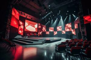 AI generated Stage Spotlight with Red Chairs, Stage Spotlight on Stage, Stage Background, A modern training hall with chairs facing a giant stage with one big screen displaying, AI Generated photo