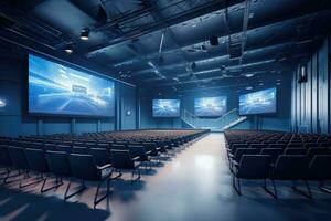 AI generated Cinema hall with rows of seats and screens. 3d rendering, A modern training hall with chairs facing a giant stage with one big screen displaying, AI Generated photo