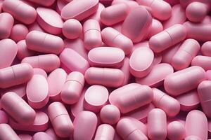 AI generated pink pills on a dark background, top view, close-up, A lot of pink medicine pills, AI Generated photo