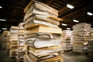 AI generated Pile of papers in a warehouse. Shallow depth of field, A large jetliner landing on an airport runway at sunset or dawn with the landing gear down, AI Generated photo